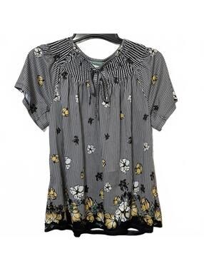 Sara Morgan Women's Black Bold Eclectic Striped Floral Modern Chic Blouse Medium